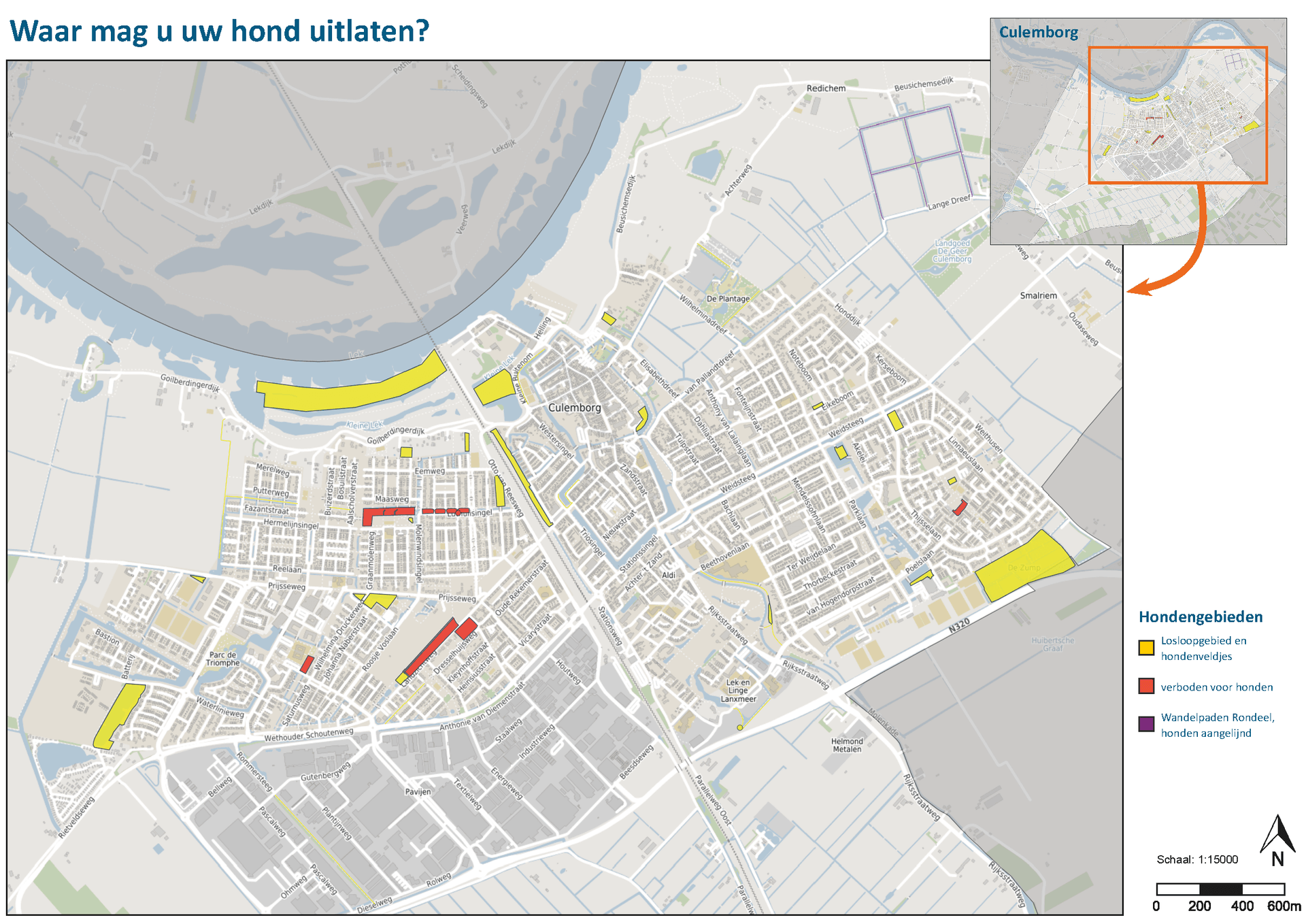 Plattegrond van Culemborg met plekken waar honden mogen loslopen